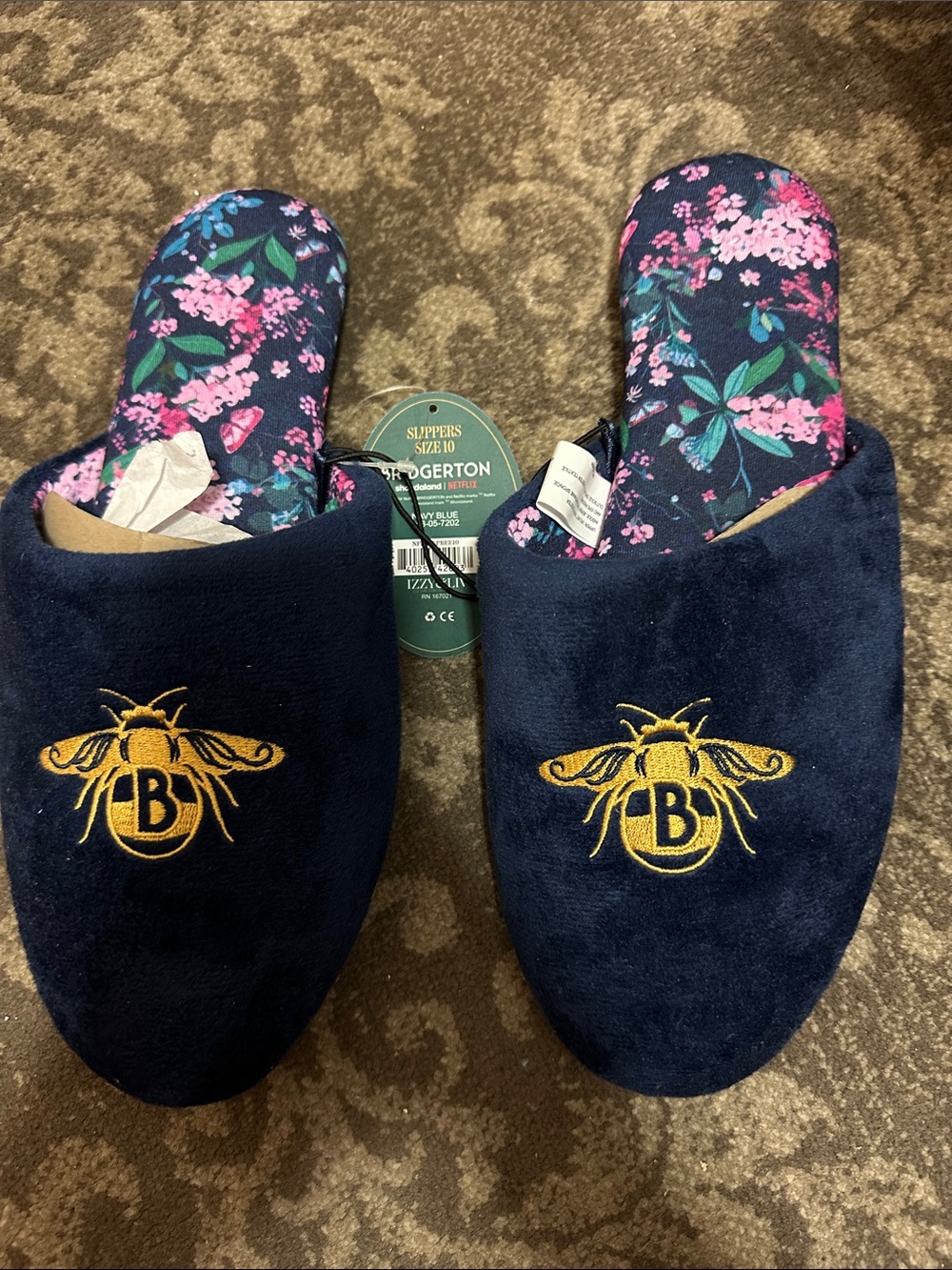 Navy Bee Emblem Plush Slippers with Floral Insole